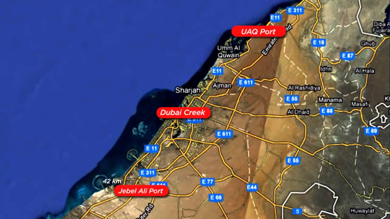 distances from dubai creek to jebel ali port and uaq port