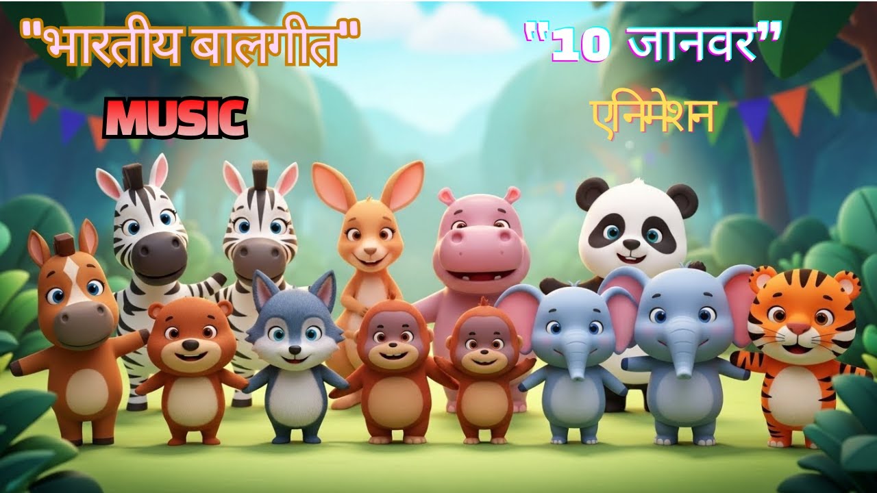 भारतीय बालगीत 10 जानवर Fun Kids Song – घोड़ा ज़ेब्रा कंगारू पांडा दरियाईघोड़ा भालू भेड़िया हाथी बाघ