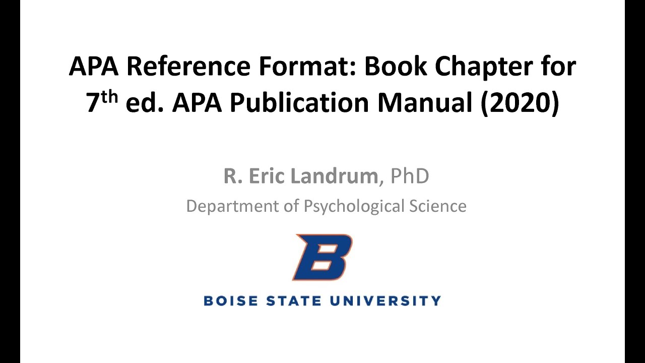 APA Reference Format for Book Chapter -- 7th ed. APA Publication Manual