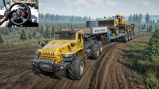 Carrying CAT 120M With U_425702_Arktic on Muddy Road | SnowRunner | Logitech G29 Gameplay | #653 screenshot 5