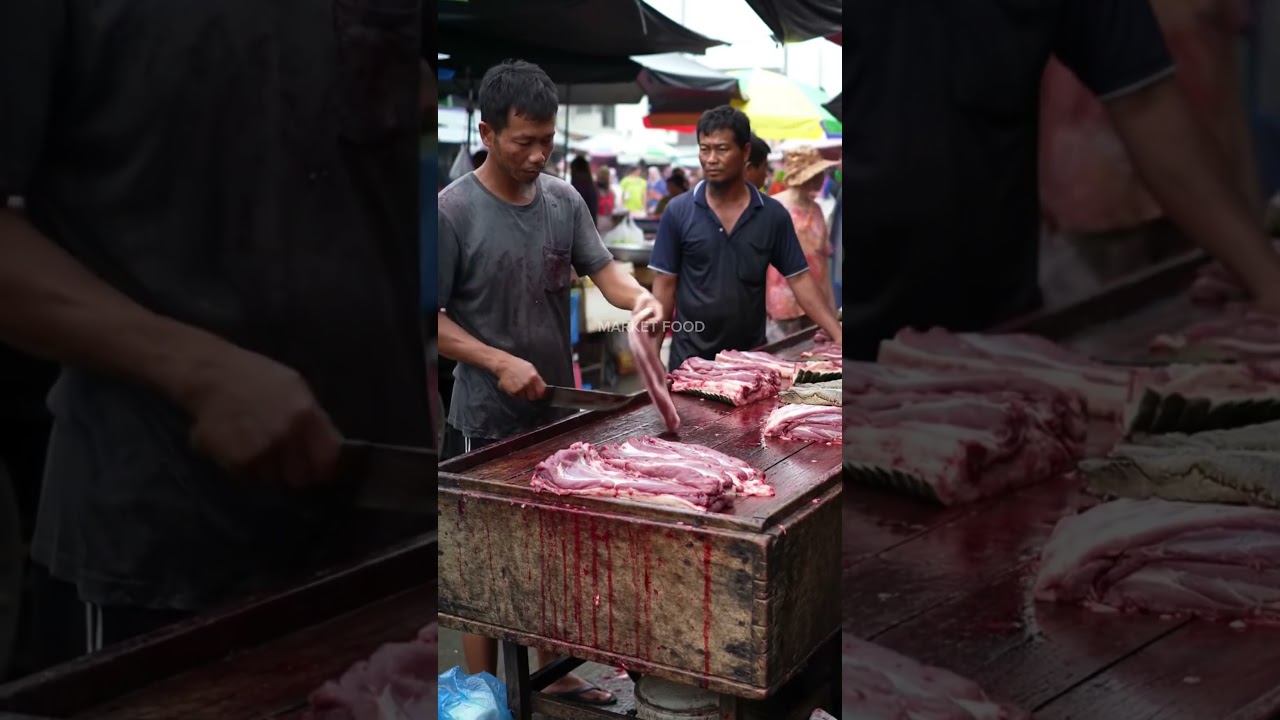 Fresh Crocodile Meat Sold on an Old Wooden Cart at an Asian Market