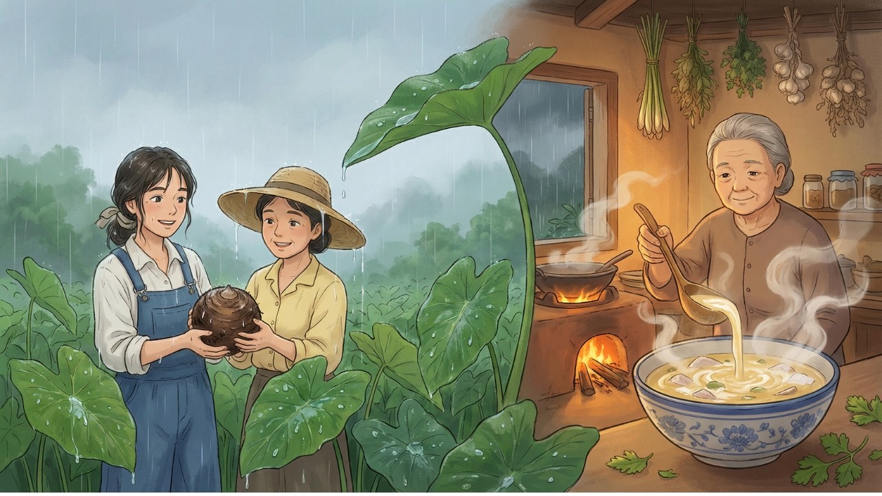 Rainy Village Secrets 🌧️ Muddy Taro Harvest & Grandma’s Coconut Soup | Cozy Night Ghibli ASMR