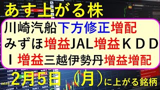 あす上がる株　2024年２月５日（月）に上がる銘柄　～最新の日本株での株式投資。初心者でも。 川崎汽船、みずほ、JAL、ＫＤＤＩ、三越伊勢丹の決算速報 ～