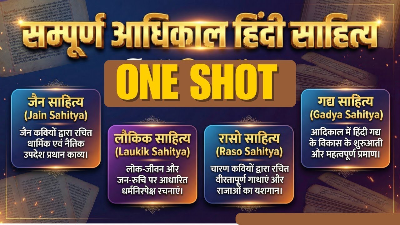 🟡हिंदी साहित्य one shot संपूर्ण आधिकाल एक ही क्लास मे। रसो साहित्य।लौकिक साहित्य।जैन।गद्य साहित्य