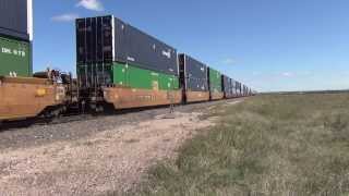 WBD Union Pacific Railroad #7766 stack train starts Sherman Hill climb @ Wycon, WY9/19/13