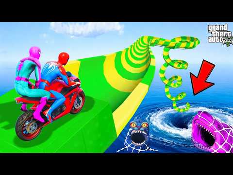 SPIDER-MAN Leads SUPERHEROES in a MEGA Water Slide Motorcycle Challenge🎭 Funny Game in GTA 5