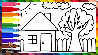 Dibuja y Colorea Una Casa Con Jardín 🏡🌤️🌈 Dibujos Para Niños