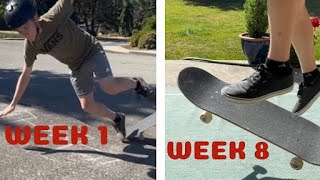 MY 2 MONTH SKATEBOARDING PROGRESSION (from nothing to a close bigspin, etc.)