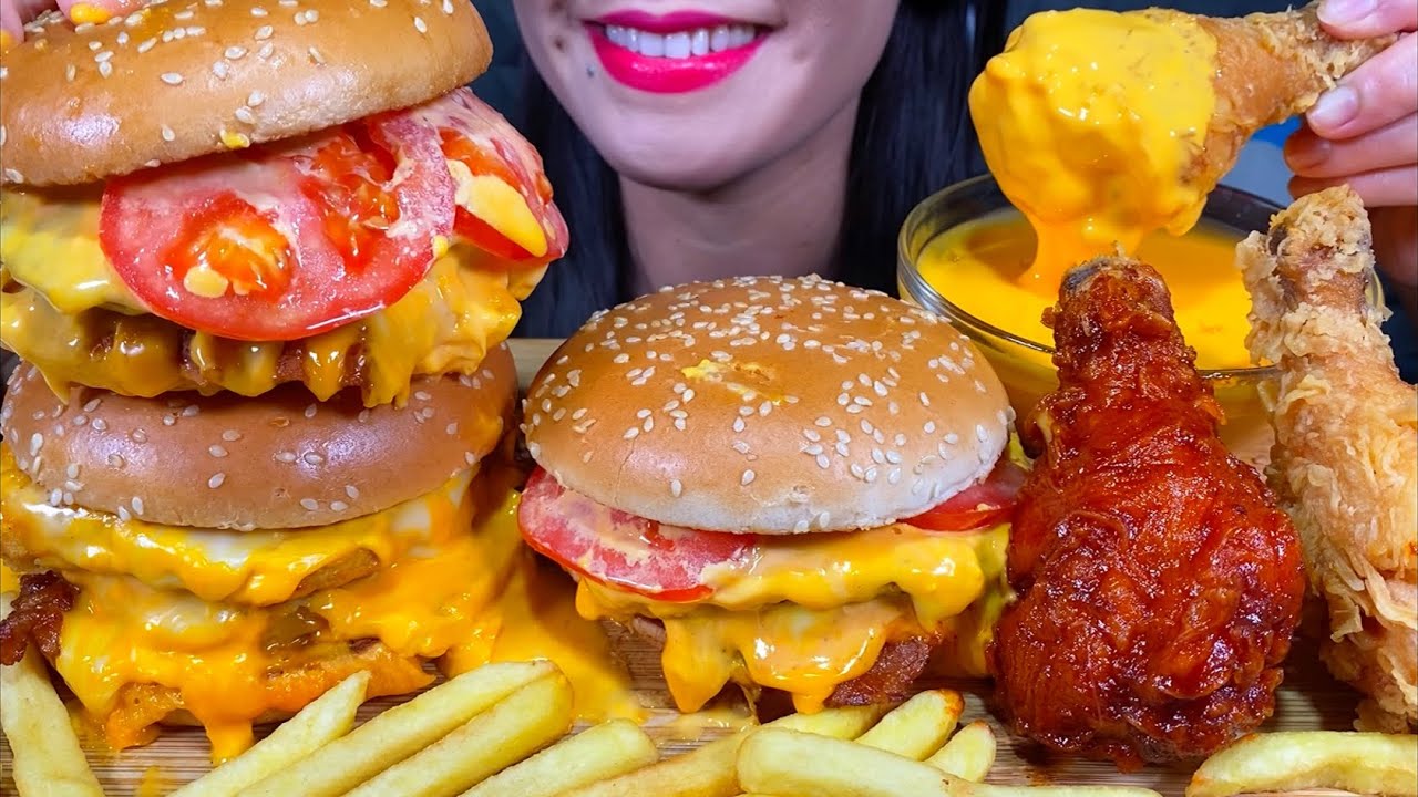 ASMR BACON CHICKEN SANDWICH, BACON CHEESEBURGER, FRIED CHICKEN, FRIES MASSIVE Eating Sounds