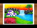 Easy Waterfall Scenery Drawing for Beginners | Beautiful Landscape Painting
