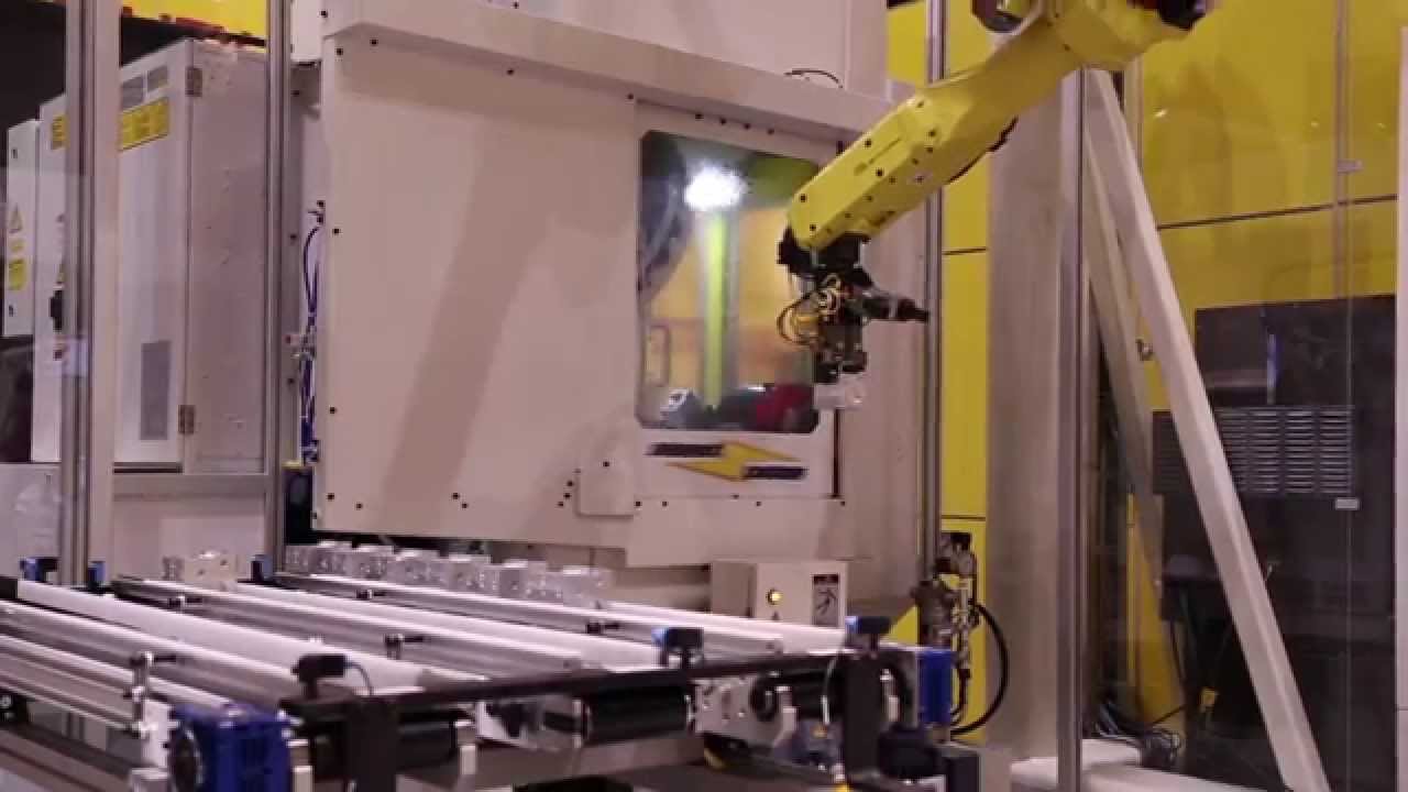 FANUC Toploader Robot Machine Tends 3 FANUC ROBODRILLs YouTube