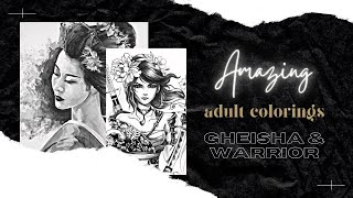 Geisha and Warrior Grayscale Adult Coloring Pages