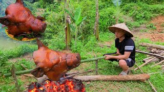 Wild boar's head is prepared in the ancient way and grilled over a fire for half a day