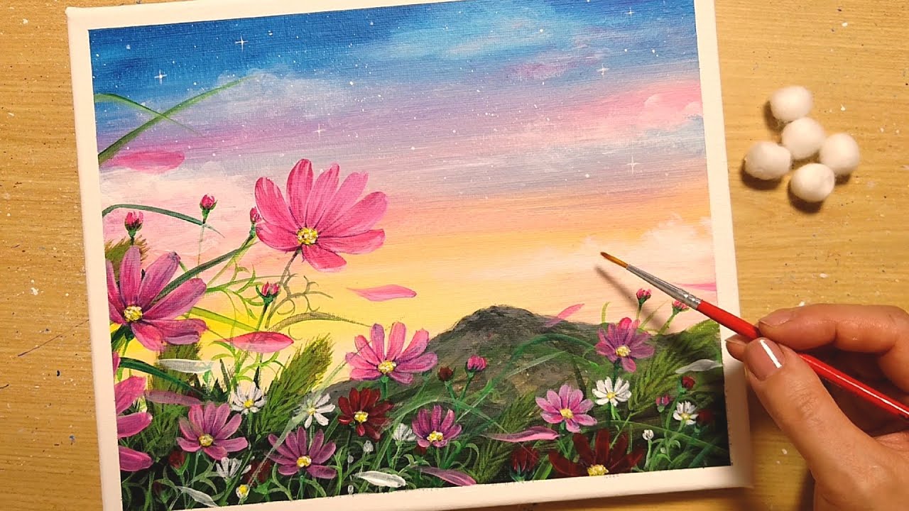 How to draw [Cosmos at sunset] with acrylic paint/Simple acrylic
