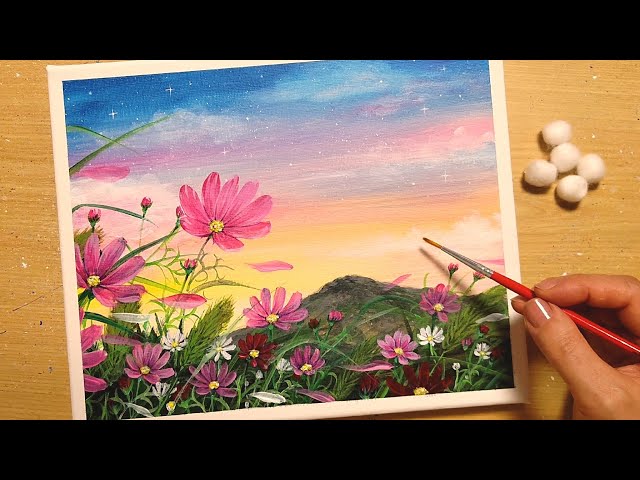 How to draw [Cosmos at sunset] with acrylic paint/Simple acrylic
