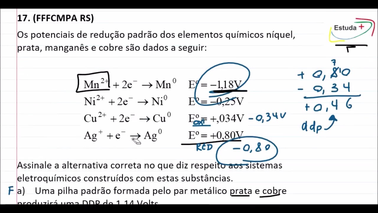 Eletroquímica / Cálculo de ddp, pilha, eletroquímica.