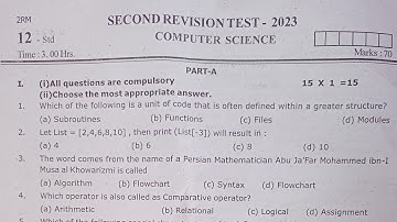 12th Standard Computer Science  Second Revision Test 2023 Question paper and Answer key