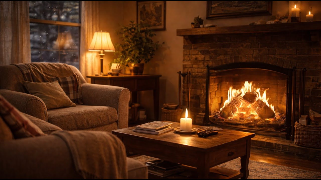 Warm Winter Ambience 🔥 Relaxing Music for Studying Crackling Fireplace Falling Snow | 2 Hours