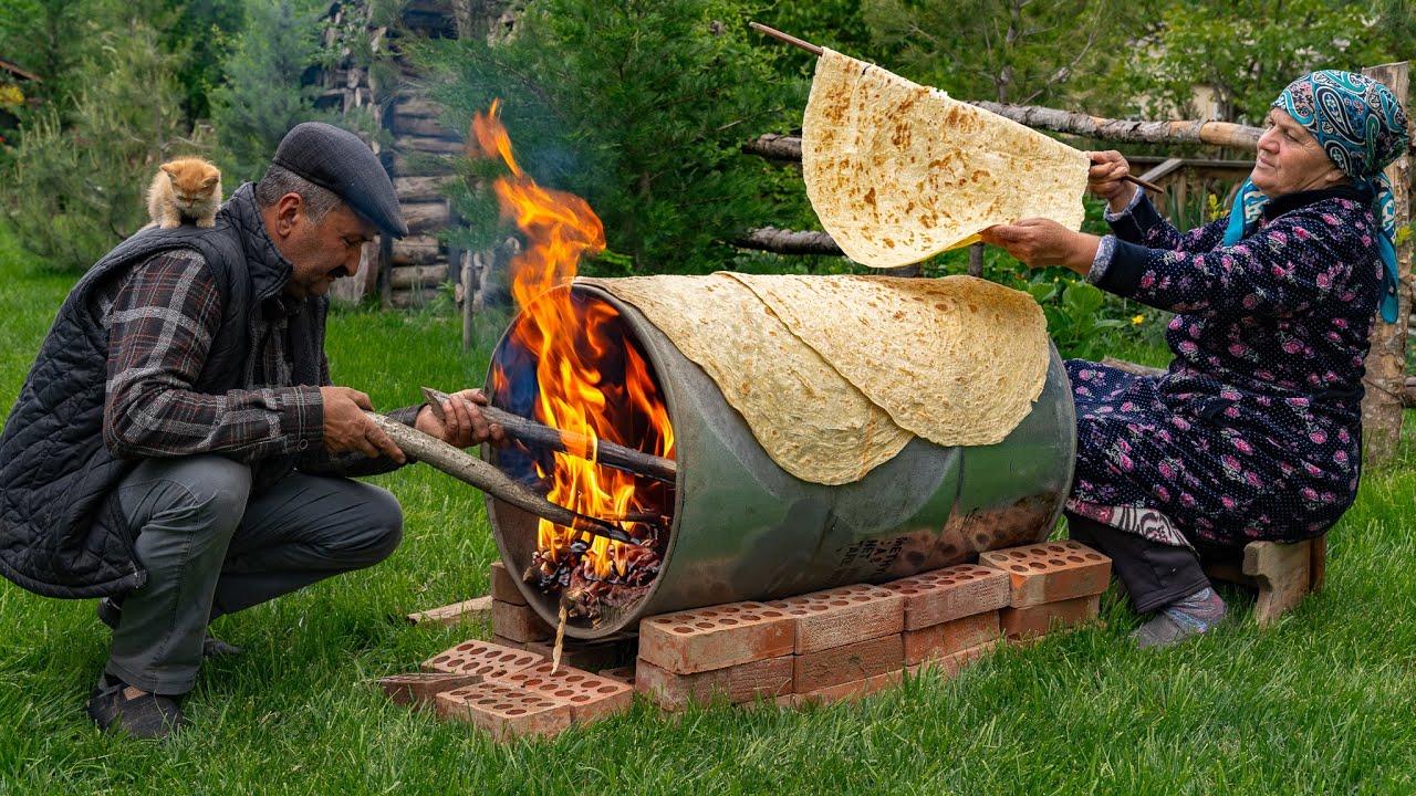 ⁣🌶️ Traditional Lavash Bread: Baking Bread on a Barrel Over Wood Fire