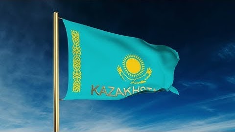 4K Kazakhstan flag slider style with title. Waving in the wind with cloud background animation