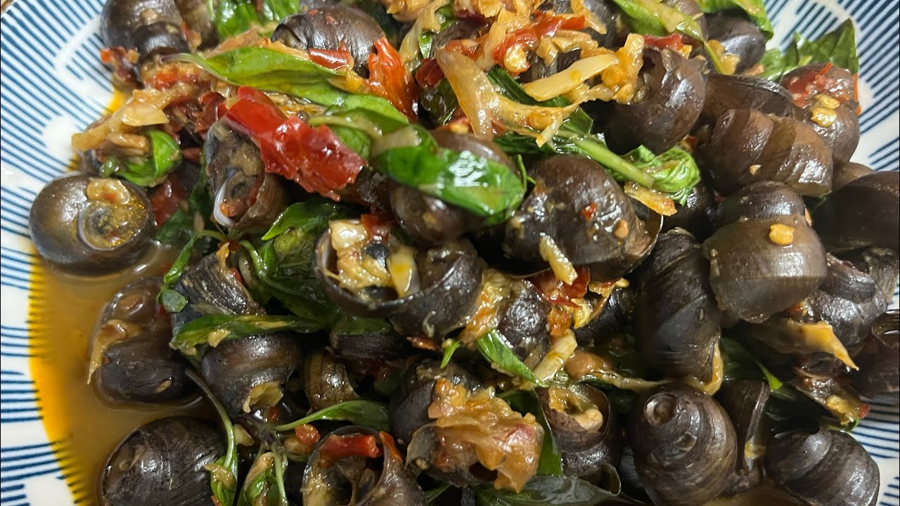 หอยขมผัดพริกแห้งใบโหระพา@แม่เจ้านนท์