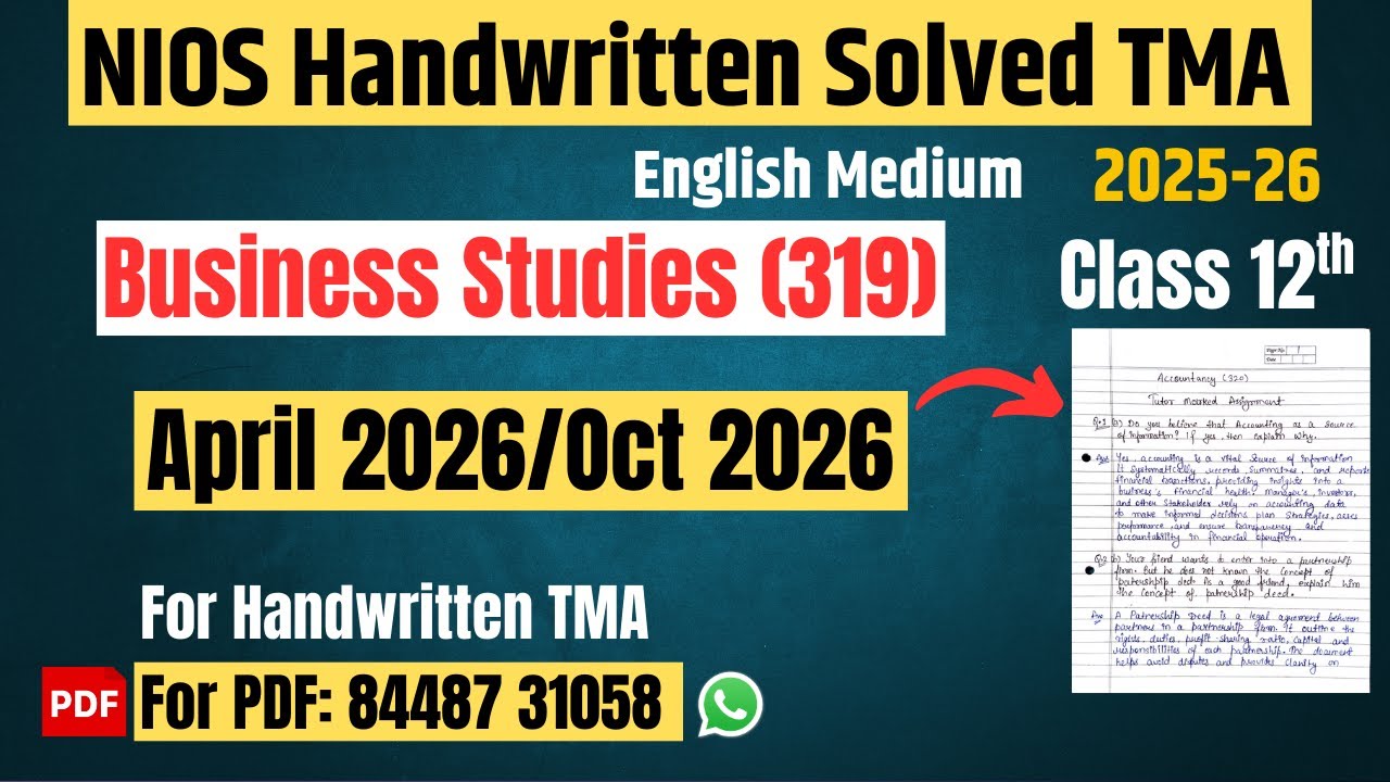 NIOS Business Studies (319)| Solved Handwritten TMA |April/Oct 2026| Class 12th|Eng Medium