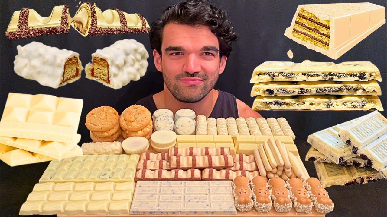ASMR MUKBANG WHITE CHOCOLATE SWEET CANDY KINDER BUENO, MILKA OREO, KITKAT, TWIX, HERSHEY, REESES.