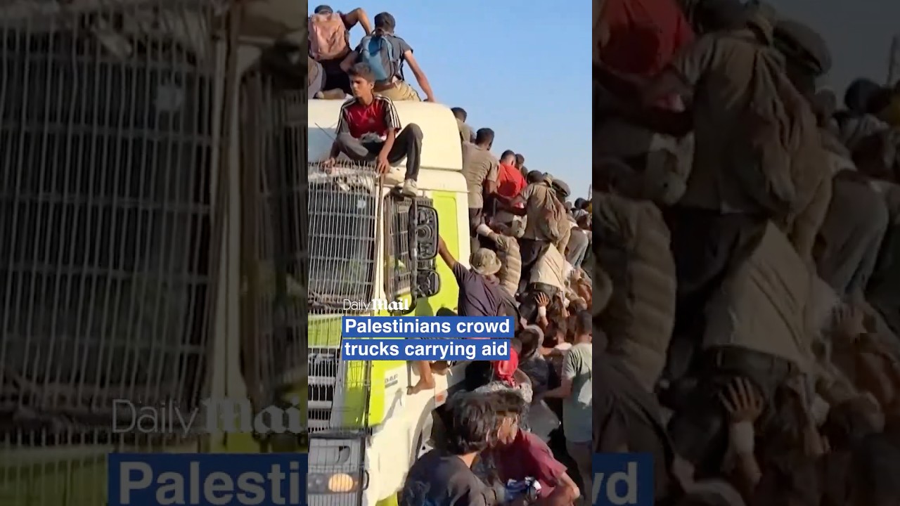 Desperate Palestinians climb moving aid trucks in chaotic scramble for food and supplies
