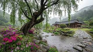 🌧️🏡🌸 3 Hours Korean Garden Rain Sounds ASMR Loop | Willow Tree &amp; Azalea Traditional House | 빗소리 자연소리
