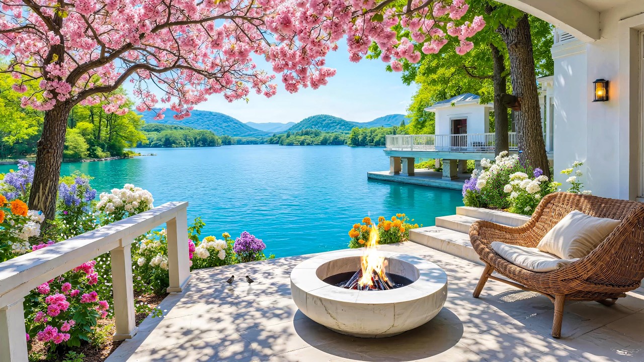 Calm Spring Morning 🎹 Lakeside Porch, Relax Piano and Gentle Nature ...