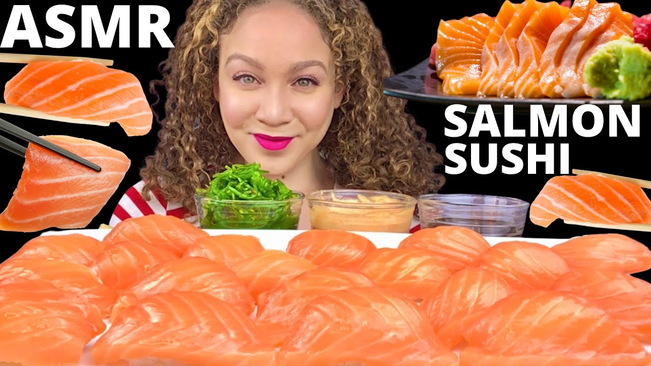 ASMR SUSHI RAW SALMON NIGIRI | SUSHI MUKBANG| Seaweed Salad| EATING SOUNDS| PandaEats ASMR