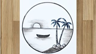 Easy Sunset Beach Scenery Drawing with Pencil | Simple Landscape Drawing for Beginners
