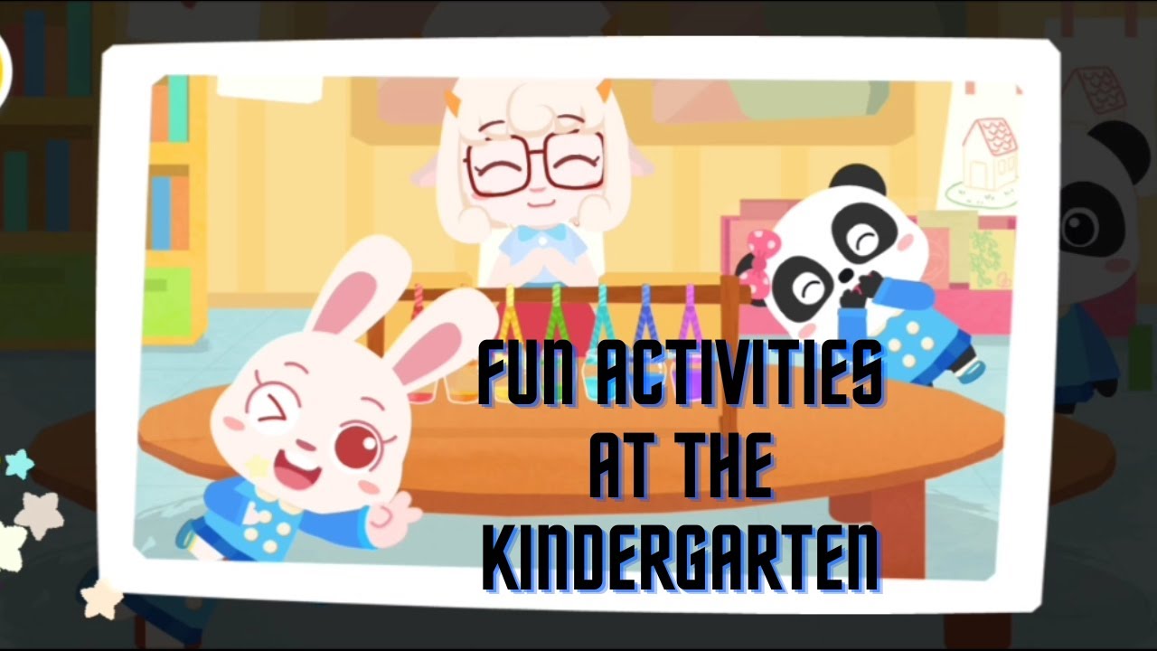 Kids having fun activities in the kindergarten Baby panda and his