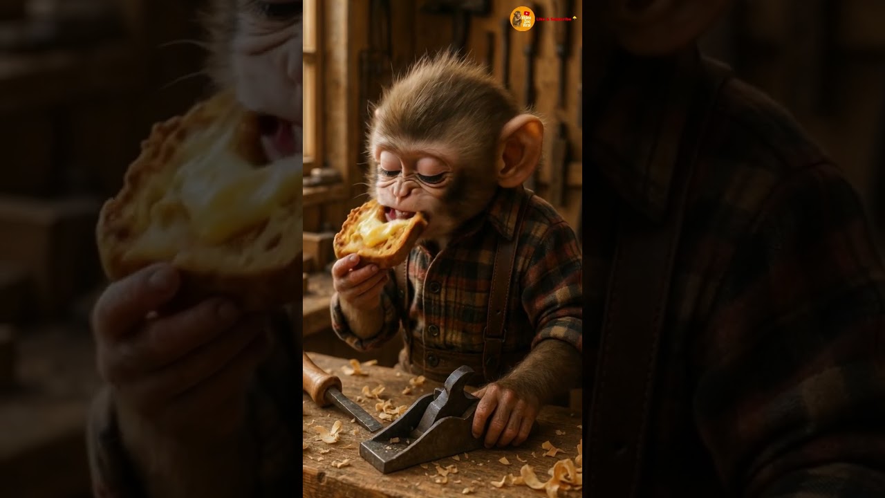 Baby Monkey Eating Toast in a Carpenter’s Workshop 🐵🍞🔨