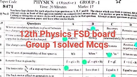 solved mcqs 12th class physics fsd board group 1 paper 2024 | 2nd year physics paper