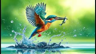 A vivid illustration of a kingfisher bird in mid-flight just above the surface of water #bird #music screenshot 5