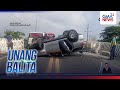 SUV, bumaligtad matapos araruhin ang ilang concrete barrier at isang utility van | Unang Balita