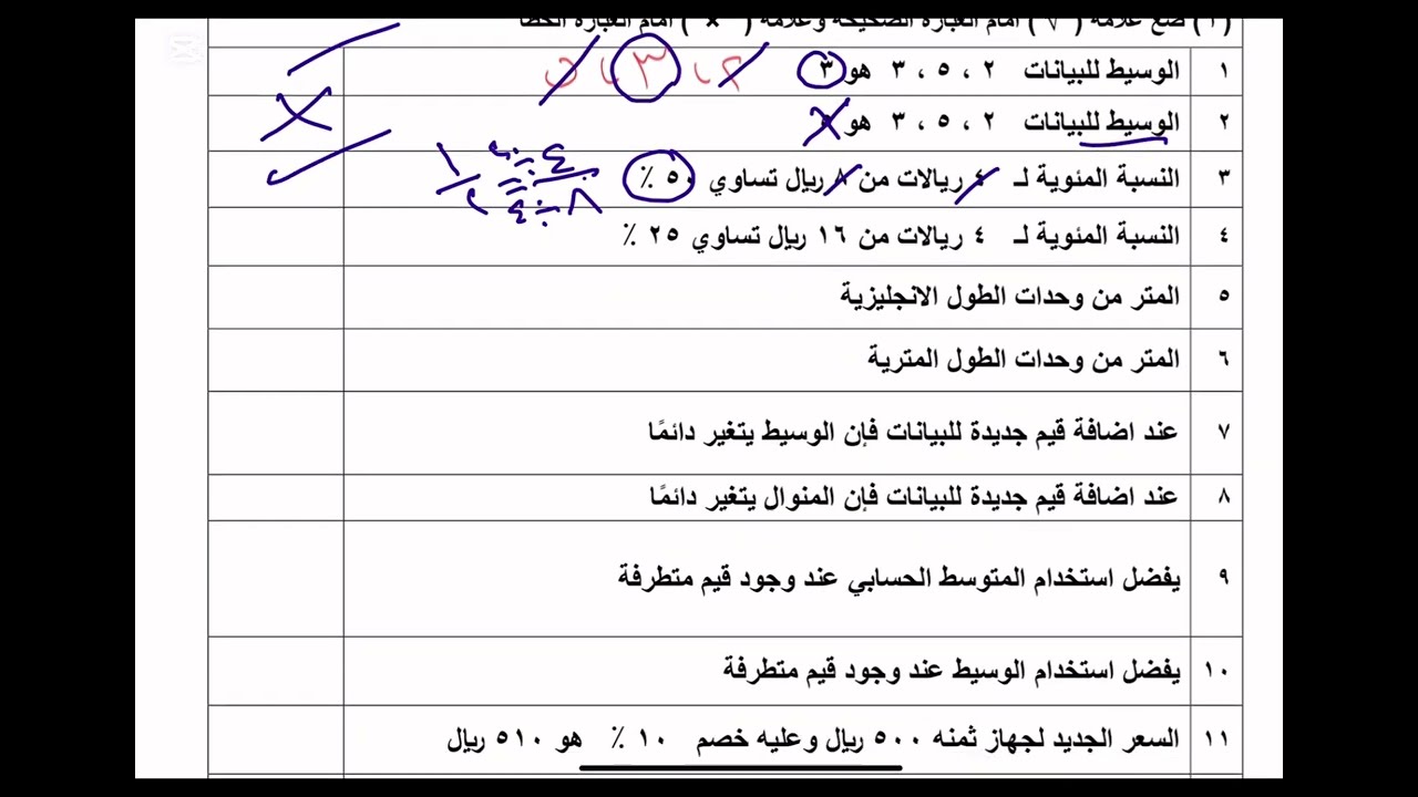 اختبار رياضيات أولى متوسط ف٢ ج٢ هام جدا