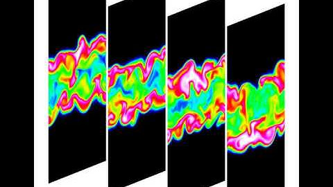 Temperature contours in a DNS of a turbulent non-premixed ethylene jet flame--4 planes
