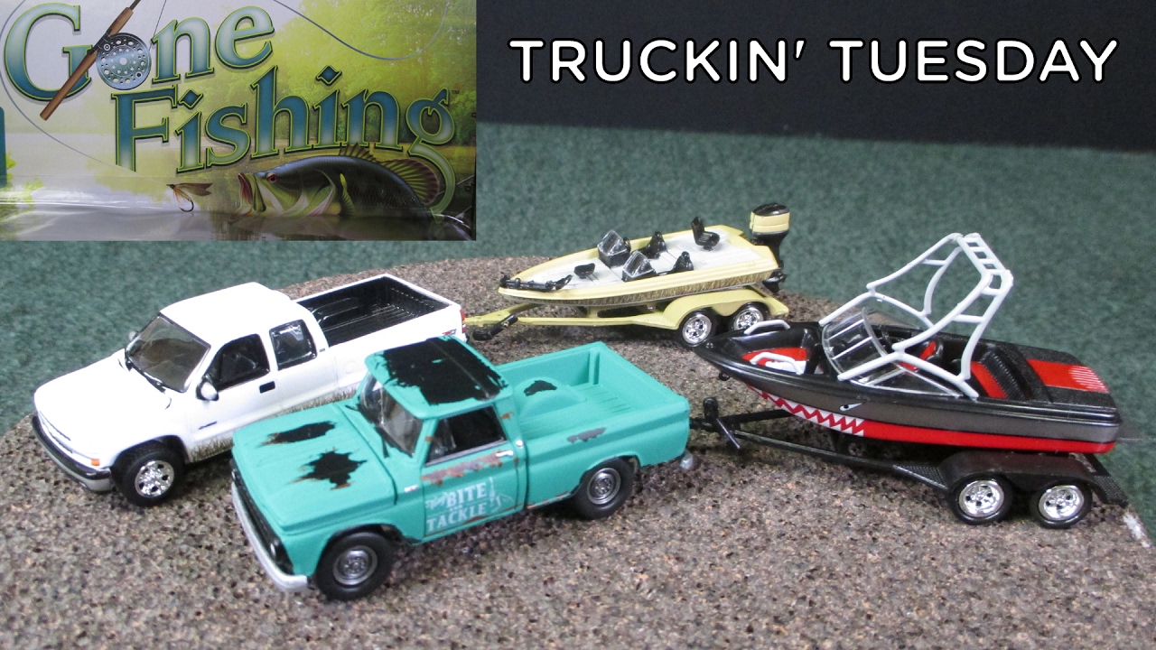 Truckin' Tuesday Gone Fishing 3 piece sets with boats and trailers by  Johnny Lightning 