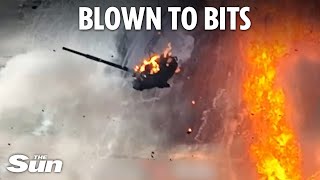 Russian tank turret thrown across sky in fireball as Putin's armour picked off by Ukraine drones