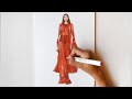 Valentino SS21 fashion illustration How to render a sheer transparent dress with markers TIMELAPSE