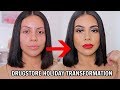 DRUGSTORE HOLIDAY MAKEUP TRANSFORMATION: EASY & LONG LASTING! *glowy skin + red lips*