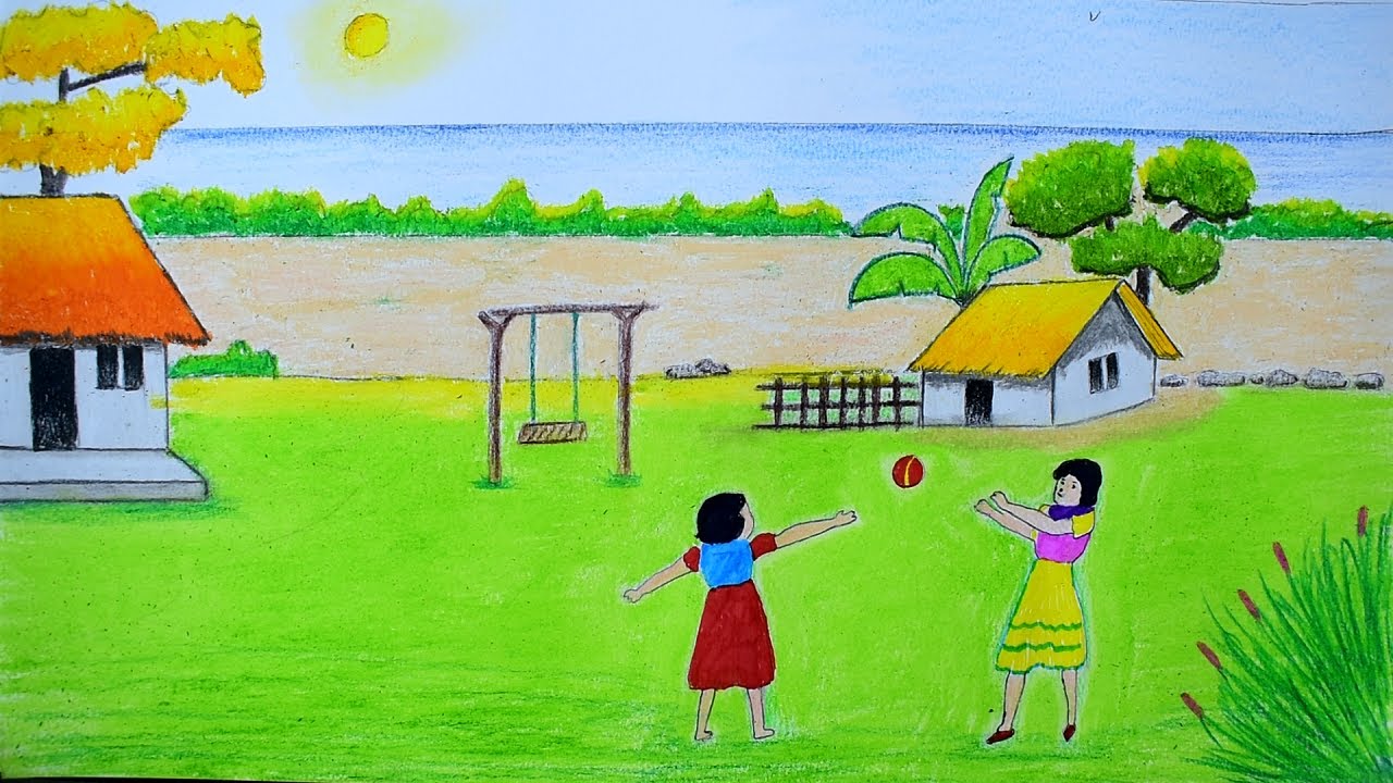 How to draw a summer season scenery with oil pastels - kids ...