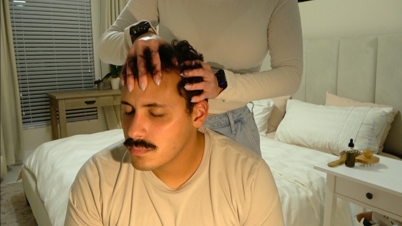 Melting his brain | ASMR head massage with homemade oils & faraway whispers