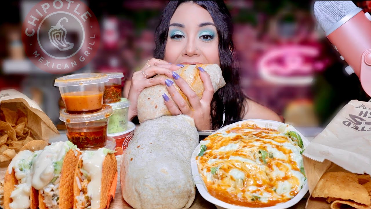 ASMR MUKBANG CHIPOTLE GIANT BURRITO + NEW BURRITO BOWL С НАЧИНКОЙ ЧИМИЧУРРИ CHIPS GUAC NACHO TACOS