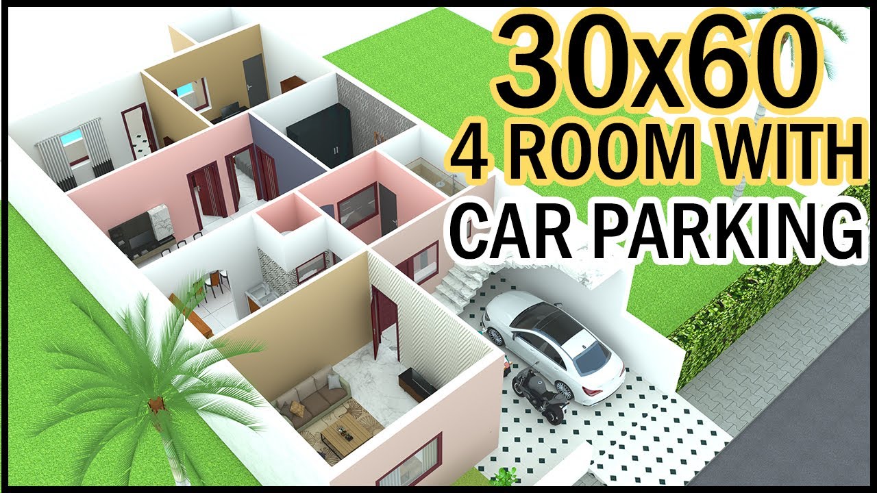 30'-0"x60'-0" 3D House Plan | 30x40 4 Room With Car Parking 3D Home ...