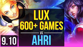 LUX vs AHRI (MID) | 600+ games, 2 early solo kills, KDA 18/4/15, Dominating | BR Master | v9.10