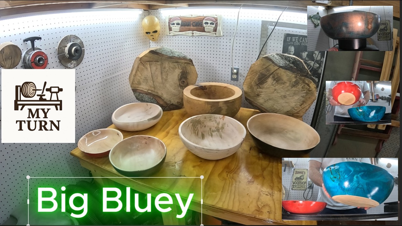Wood turning Big Bluey. Some of my first attempts at using color on my turning projects