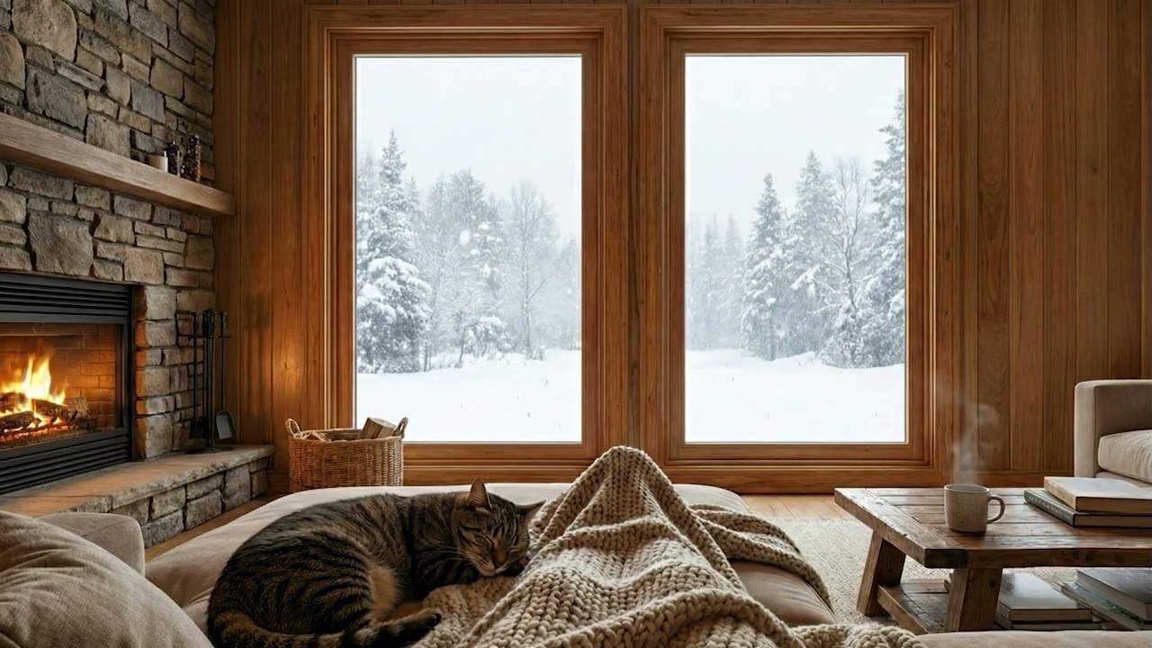 Winter Morning Coffee & Books: Heavy Snowfall with Fireplace Sounds & Sleeping Cat ASMR